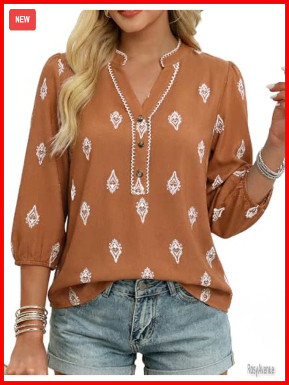 Boho Floral Peasant Top 3/4 Sleeve V Neck Button Up Blouse